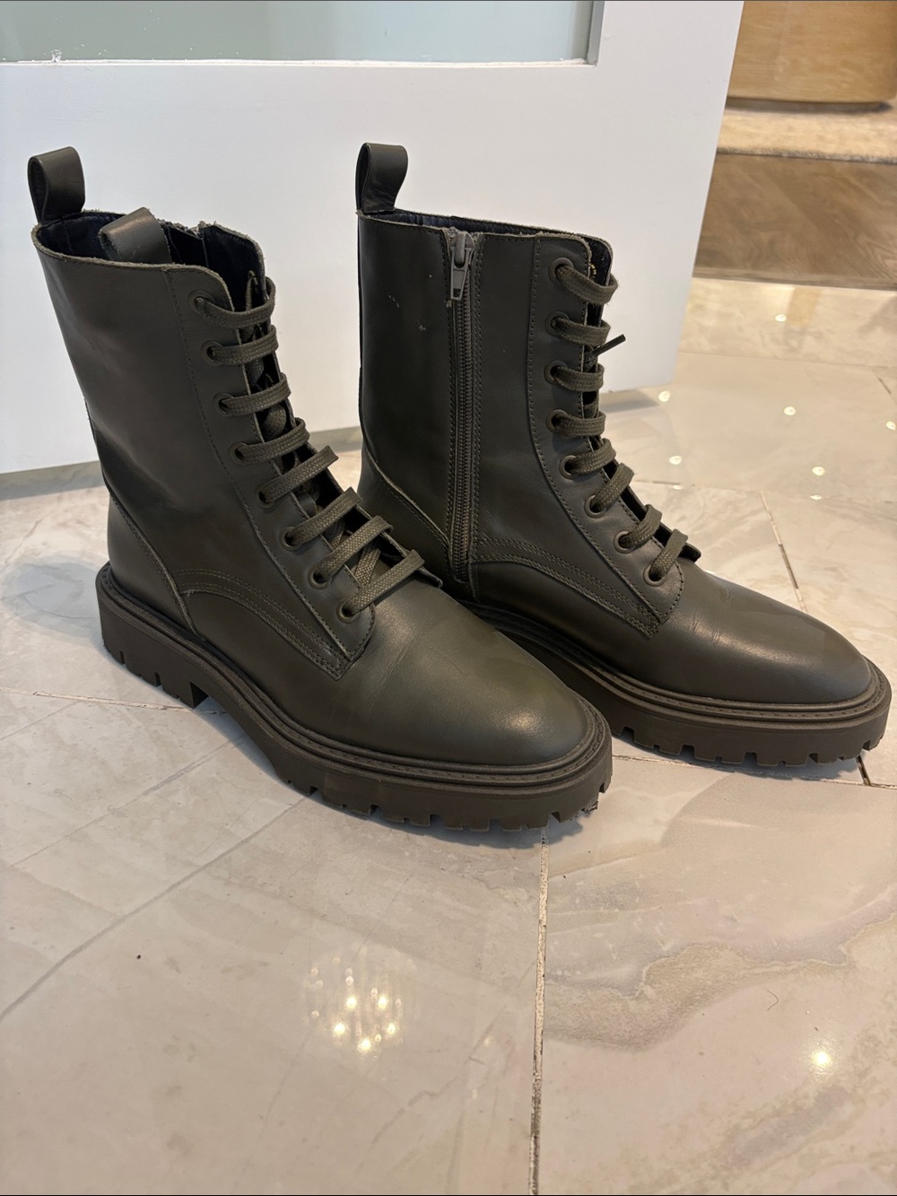Zara Olive Green Lace-Up Combat Boots with Side Zip - Size 39 Zara which is 8 US